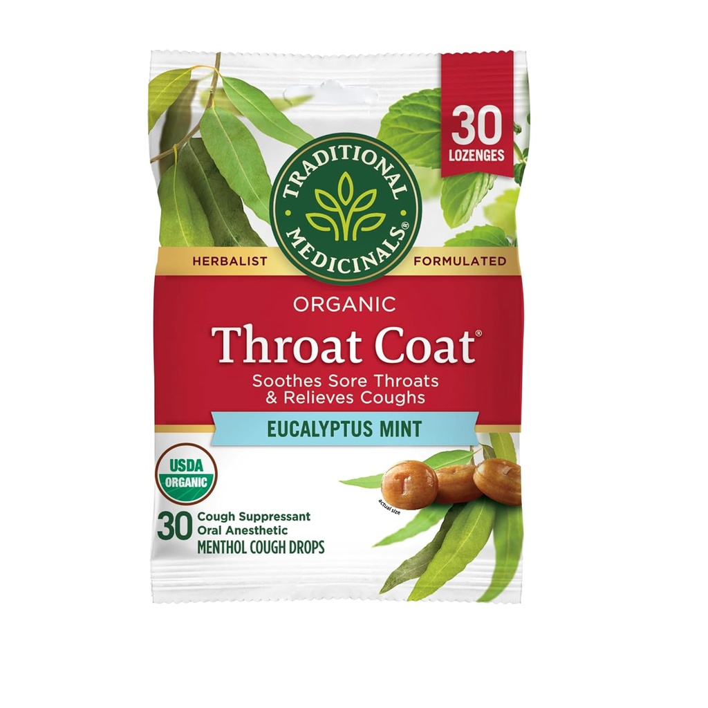 מסורתי גרון קואט אורגני טיפות, Eucalyptus Mint עם Menthol, Soothes Soreגרוןs & Relieves Coughs, 30ct.