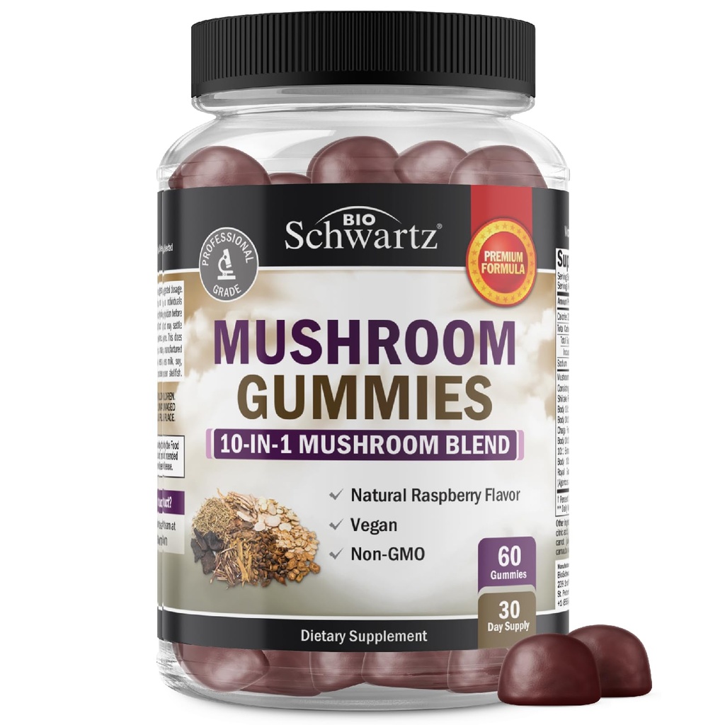 מסטיקמי Mushroom למבוגרים - 10in-1 פונקציונלי תוספת Mushroom עבור Mood להתמקד עם Lions Mane טורקיה Tail Cordyceps Shii - טבעוני, non-GMO, פטל טרי פלאמור, 60 הרוזן