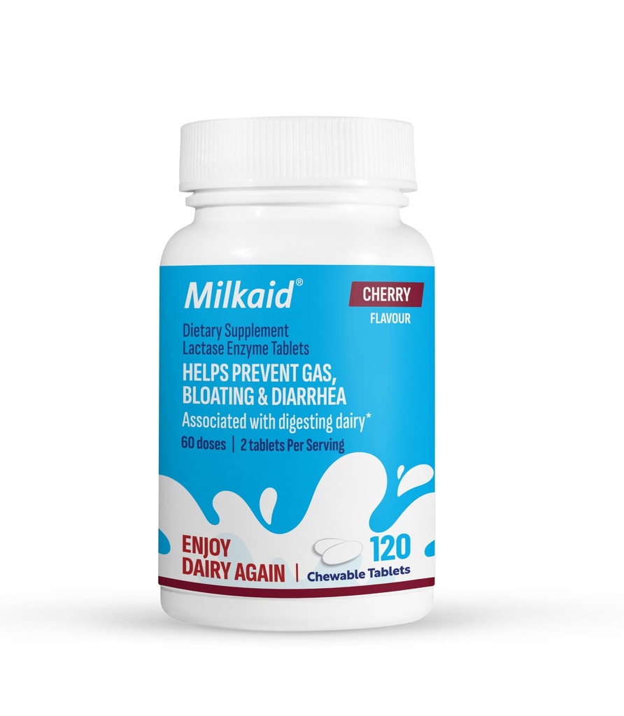 Milkaid Lactase Enzyme Chewable Tablets for Lactose Intolerance Relief; Prevents Gas, Bloating & Diarrhea | Fast Acting Milk Digestive (120 טבליות, צ'רי)