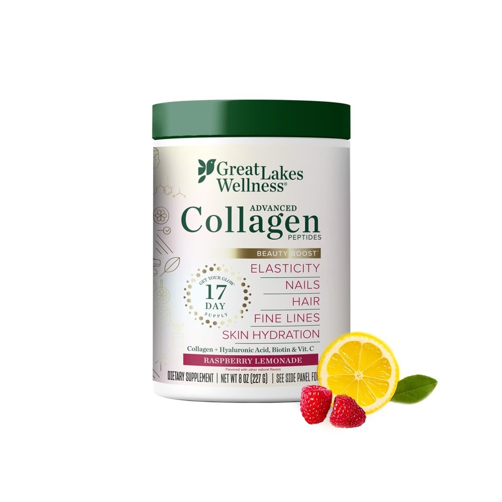 Great Lakes Wellness Boost Advanced Collagen Peptides אבקת עם Hyaluronic Acid, ביוטין, ויטמין C - Skin Odysseyity ו- hydrotion - Raspberryade Flavor - Non-GMO, Keto, כשר - 8 oz