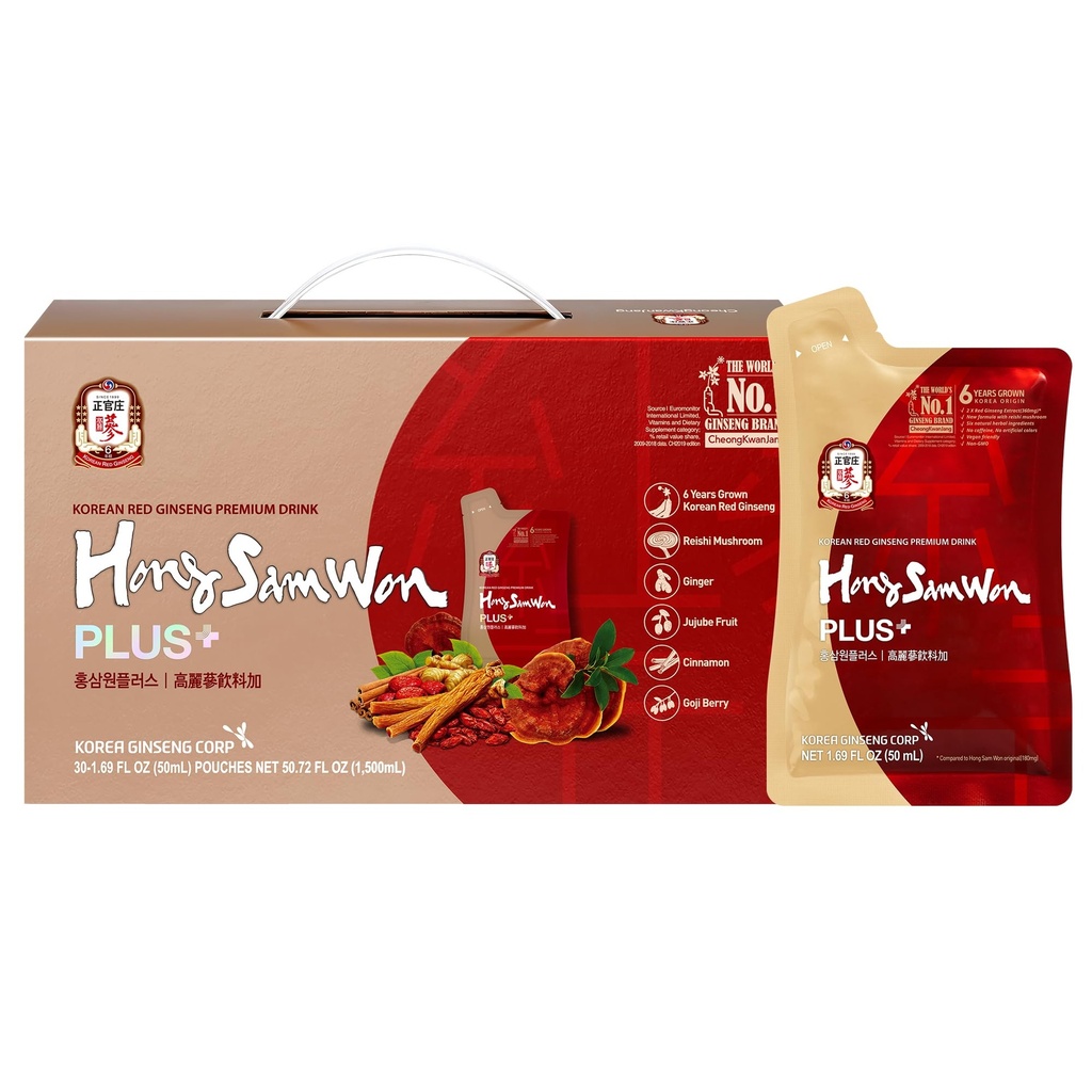 HongSamWon Plus קוריאני Red גינזנג Premium לשתות אנרגיה, Pre Workout, Herbal Tea | קוריאני Red גינזנג לחלץ 360 מ"ג, Reishi Mushroom, ג'ינג'ר, Cinnamon, Gojiberry