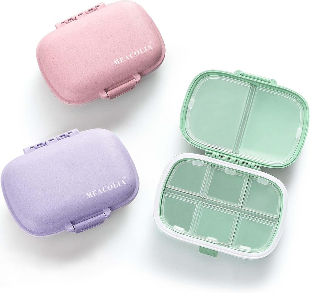 MeACOLIA 3 Pack 8 השוואתי Travel Pill Organer, Daily Pill Case Small Pill Box for Pocket Purse, Portable Pill Container Medicine Organer (Purple, Green, Pink)