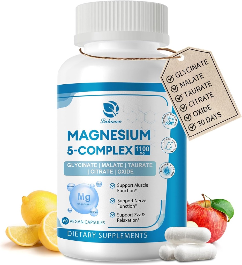 5in-1 Magnesium מורכב תוספת עם ויטמינים ו- Herbal Extracts, 30 ימים אספקה עם Magnesium Glycinate Citrate Malate Turate Oxide עבור Calm העצם שריר אנרגיה Cortisol Balance, טבעוני