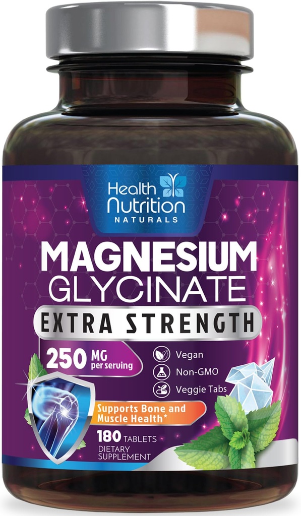 Magnesium Glycinate 250 מ"ג - 100% מגנזיום צ'לסי עבור Max Absorption - תמיכה בשינה, שרירים, עצבים, העצם & הלב תמיכה בריאות תמיכה, הטוב ביותר Mag תוסף, טבעוני non-GMO, צד שלישי נבדק - 180 טבליות