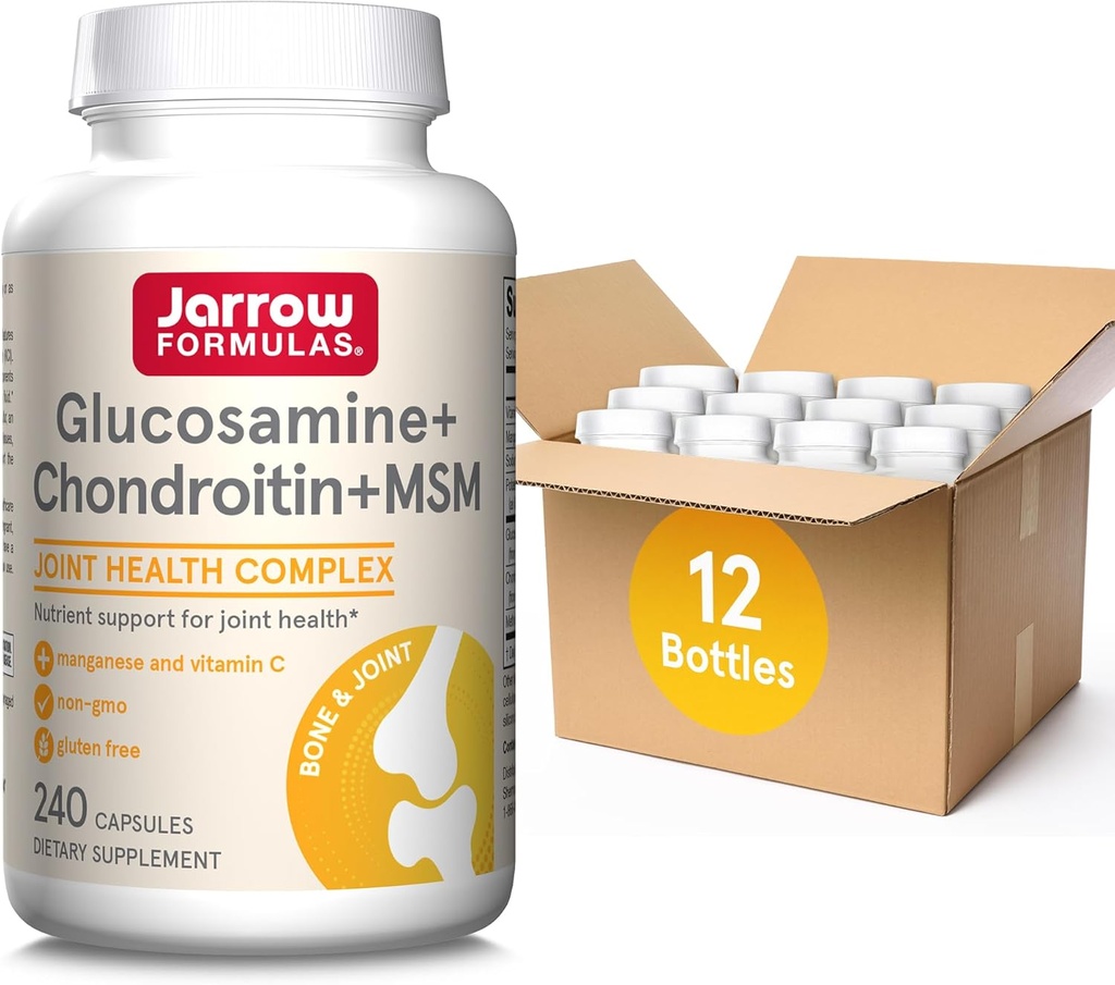 Jarrow Formulas Glucosamine + Chondroitin + MSM קפסולות, תוספת תמיכה משותפת עם ויטמין C ו Manganese, 240 קפסולות, 60 יום אספקה, אריזה של 12