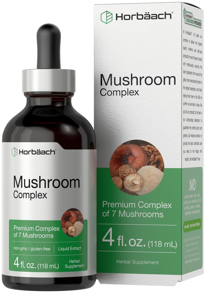 Horbäach Mushroom Complex | 4 Fl Oz Herbal Liquid Drops | Lion's Mane, Reishi, Shiitake, Chaga, Cordyceps, Maitake, ו- Oyster Mushroom תוסף תערובת | Vegetarian | Non-GMO, Gluten Formula Free Formula