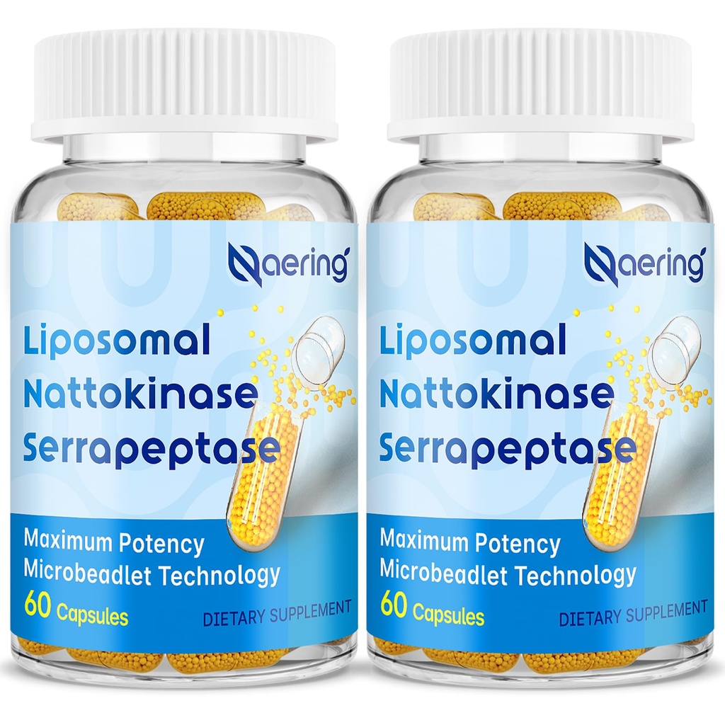 Liposomal Nattokinase 12,000 FU Serrapeptase 360,000 תוסף SPU Enzyme - עשיר עם Synergistic Enzymes ו-Inulin עבור Circulatory, Gut, Digest 60 קפסולות (2 בקבוקים)