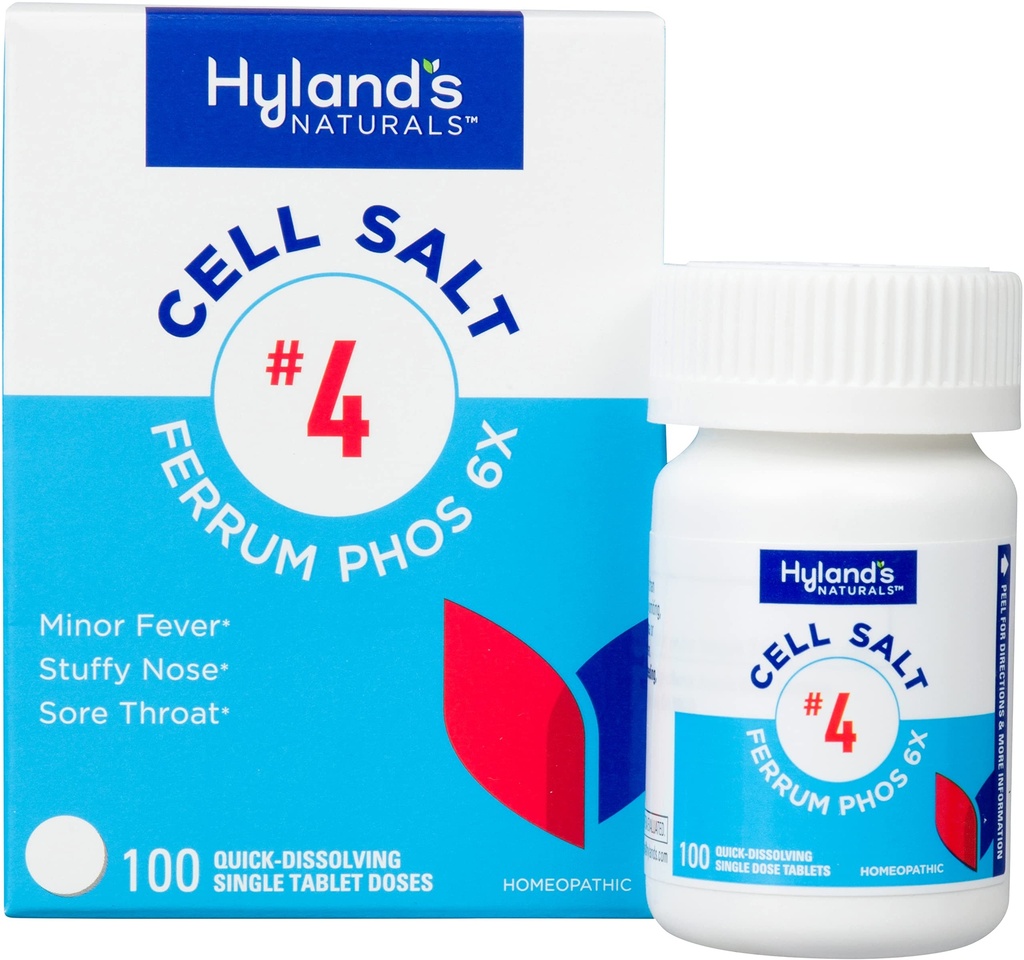 Hyland's No. 4 Cell Salt Ferrum Phos 6X Tablet, Decongestant and Sinus Relief, Inflammation Supplement, Natural Relief of Cold and Fever הסימפטומים, Quick Disshoot Tablets, 100 Count