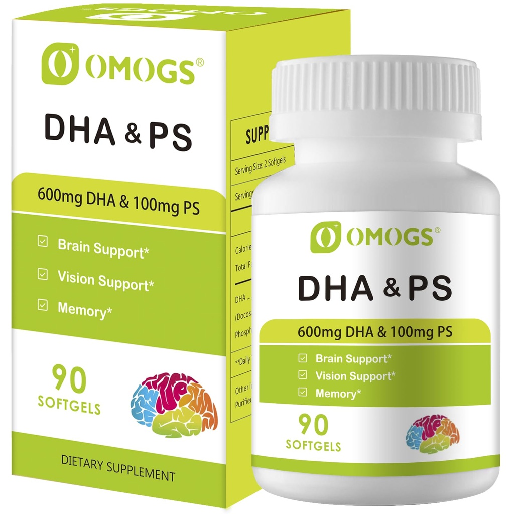 OMOGS Algae DHA - 600 מ"ג אומגה 3 DHA Softgels, עם שמן Phosphatidylserine & Walnut, תומך בתפקוד המוח בריא, חזון, עין וזיכרון, Gluten Free, non-GMO טבעוני Algae שמן, 90 Softgels