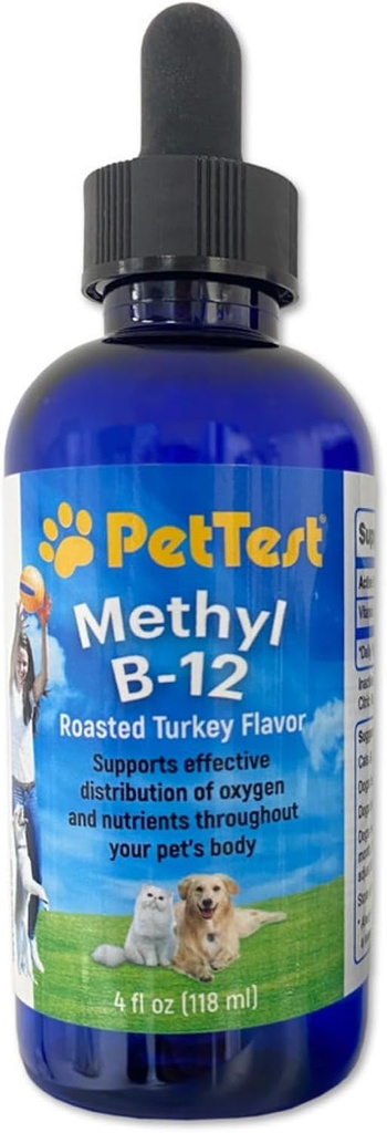 PetTest Methyl B12 ויטמין נוזלי טיפות 4fl oz (5000 MCG) תוספת עם Methylcobalamin עבור חיות סוכרת, אבסורה מקסימלית כדי להגדיל את האנרגיה עבור כלבים וחתולים