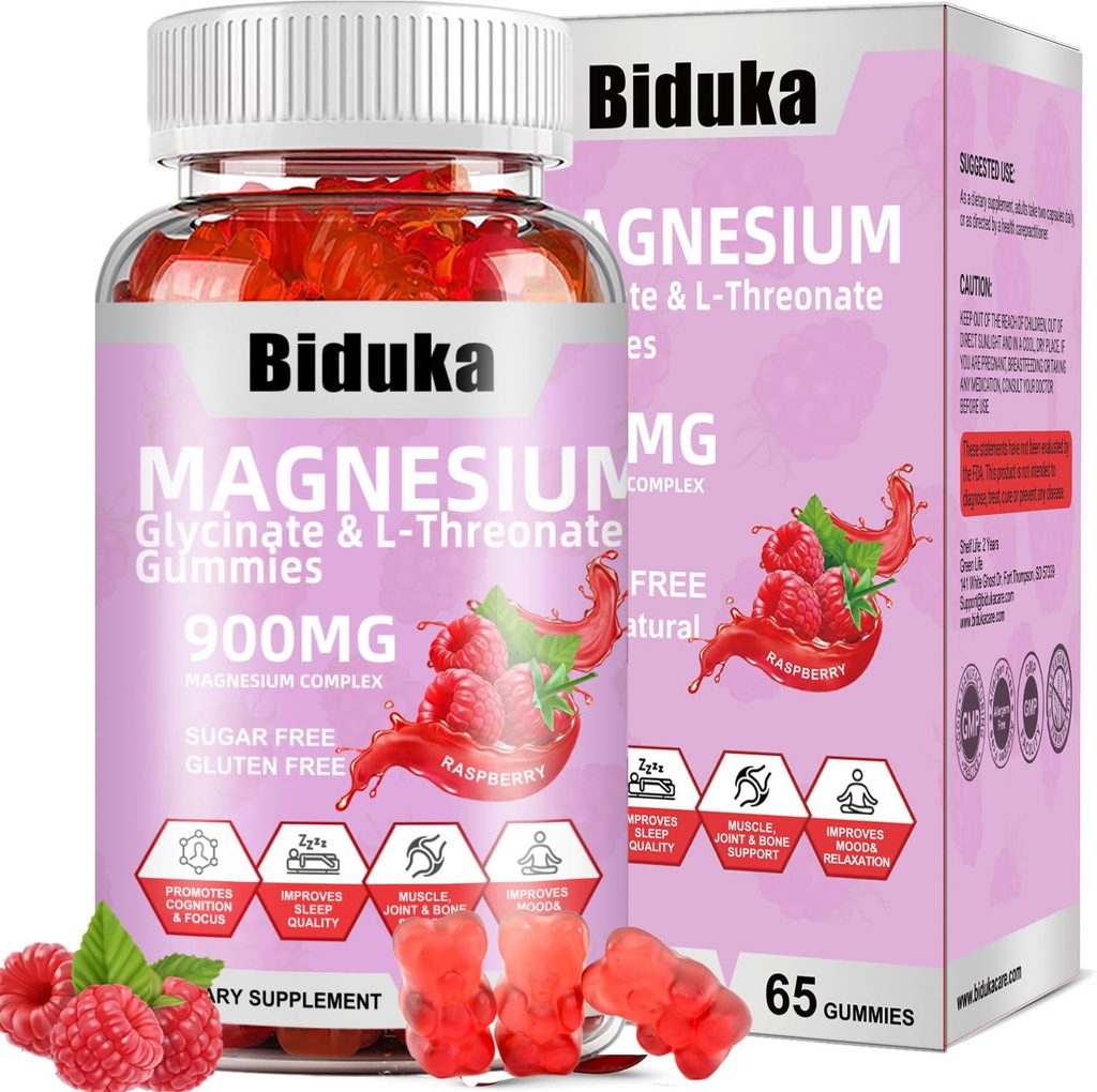 900 מ"ג Magnesium Complex 65 Raspberry Gummies, Sugar Free Magnesium Glycinate & L-Threonate Potassium תוסף עם ויטמין D, B6, CoQ10 להרגעה