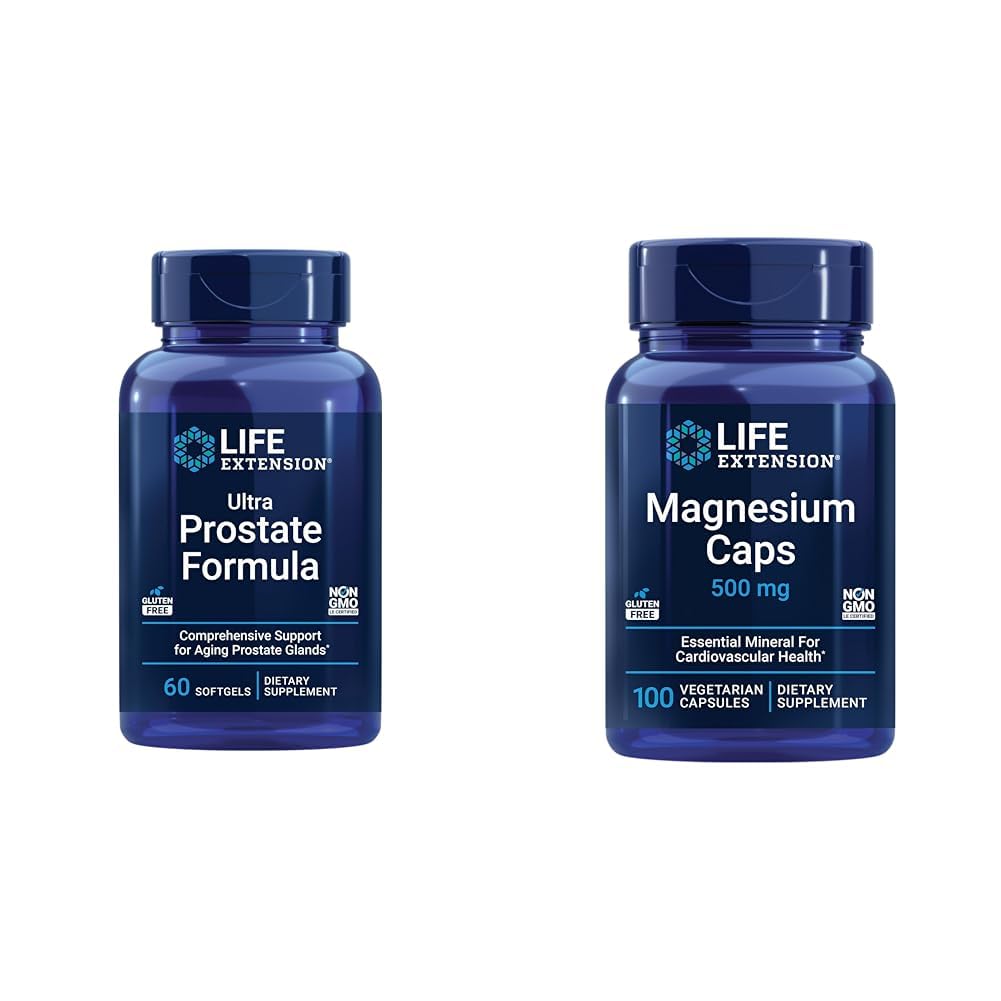 Life Extension Ultra Prostate Formula & Magnesium Caps, 500 מ"ג, מגנזיום Oxide, Citrate, Succinate, Heart Health, Bones בריאים, תמיכה במטבוליזם, 100 קפסולות צמחוניות