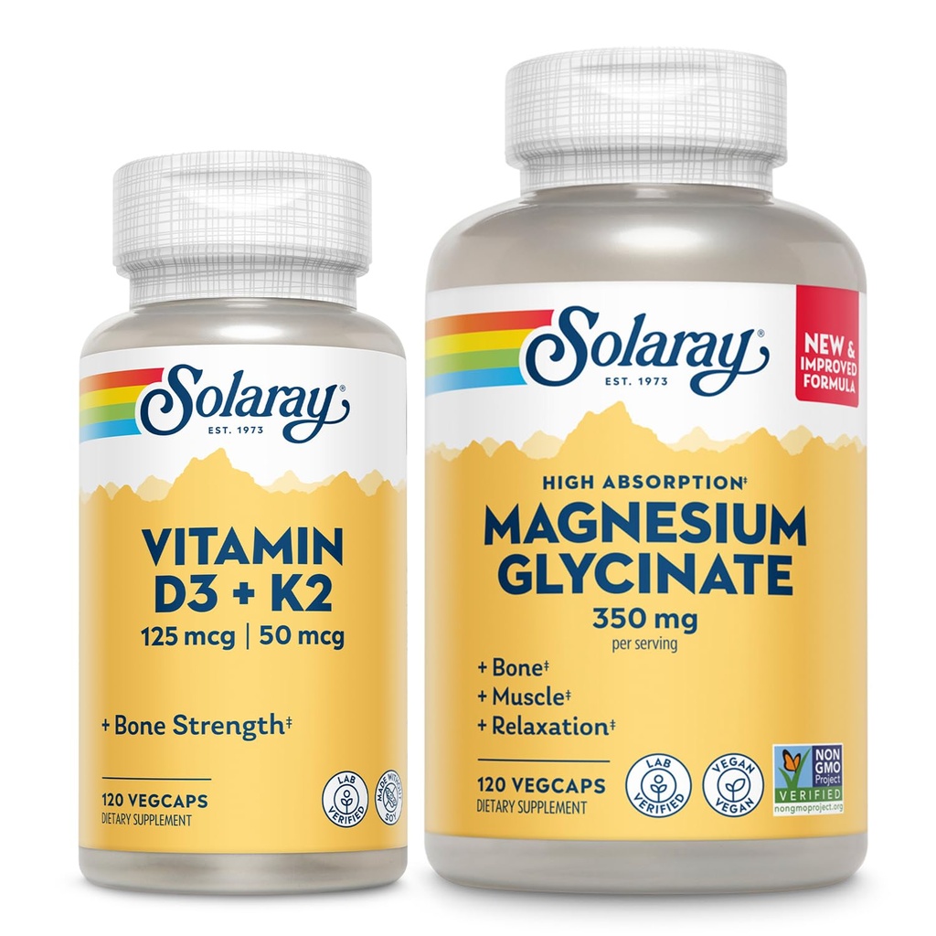SOLAרי ויטמין D3 K2 ומגנזיום Glycinate - Bone Health Bundle - Calcium Absorption, Nerve, Heart and Immune Support w / 5000 IU ויטמין D, 350 מ"ג Chelated Magnesium, 60 ימים להבטיח, 120ct / 120ct / 120ct