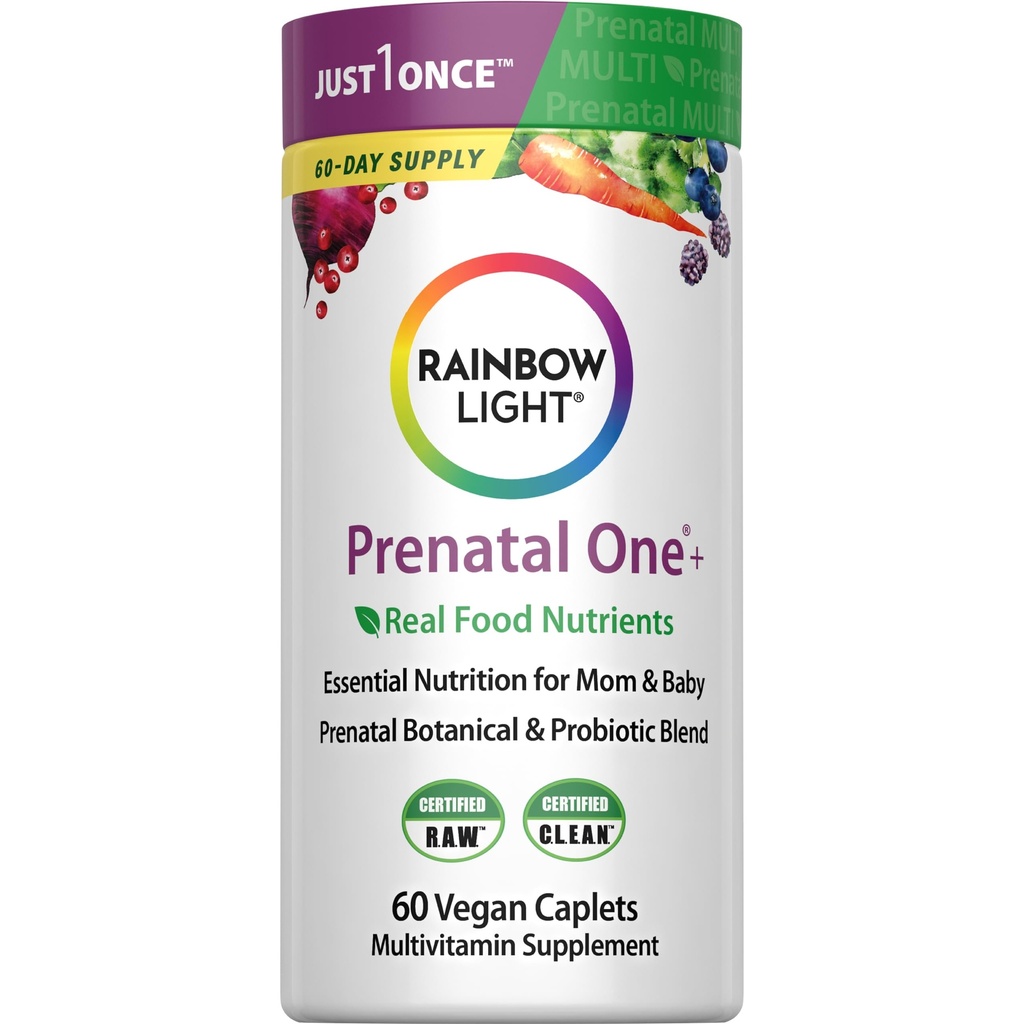 Rainbow Light High-Potency Prenatal One Multivitamin, Prenatal Health Multivitamin תומך הבריאות של אמא והתפתחות התינוק, עם ויטמין C, טבעוני, הרוזן 60