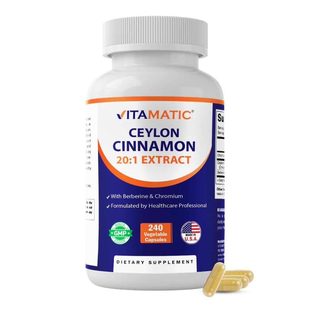 Vitamatic Ceylon Cinnamon 10000 מ"ג Equivalent Per משרת (מ-20:1 לחלץ 500 מ"ג) עם Berberine & Chromium - 240 קפסולות ירקות - non-GMO & Gluten חינם חינם