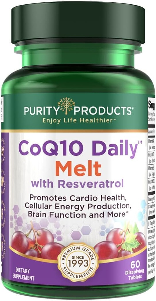 מוצרי Purity CoQ10 Daily עם Resveratrol Melt 100 מ"ג CoQ10-30 מ"ג Trans-Resveratrol - ויטמין A, D3, E ו- B12 (כמו methylcobalamin) - 60 טבליות לדיסק מהיר