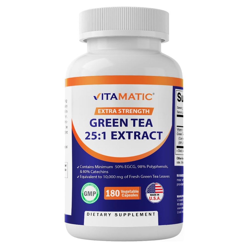 טפט תה Vitamatic ירוק עם ויטמין C, 25X ריכוז, 98% פוליפנולים, 80% Catechins, 50% EGCG, 180 ואג קפסולות
