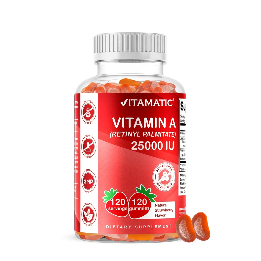 Vitamatic Sugar Free ויטמין A 25000 IU Gummies (Retinyl Palmitate) - Natural Strawberry Flavor - 120 מטבוליזם מבוסס Pectin (1 בבקבוק)