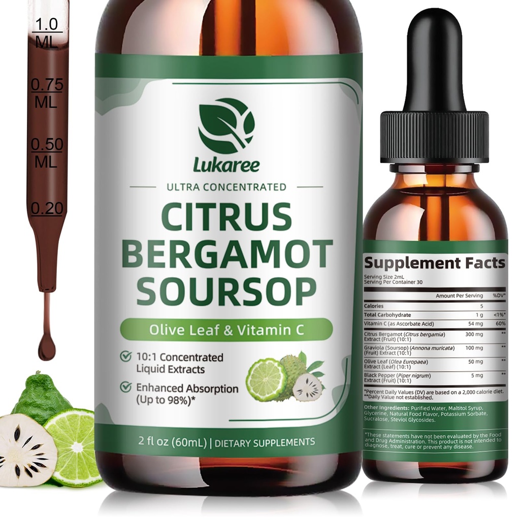 Citrus Bergamot Liquid Drops - תוסף טבעי עם Soursop, Red Yeast Rice, Garlic, אוליביפ, Black Pepper - High Absorption - תמיכה מלאה ב-Soursop bitters, 2 Fl Oz