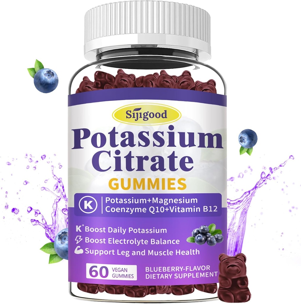 Potassium Citrate Gummies – Potassium Supplement for Muscle Health, Leg Cramp Relief & Electrolyte Balance, Vegan, Non-GMO, Gluten-Free, Blueberry Flavor, 60 Count