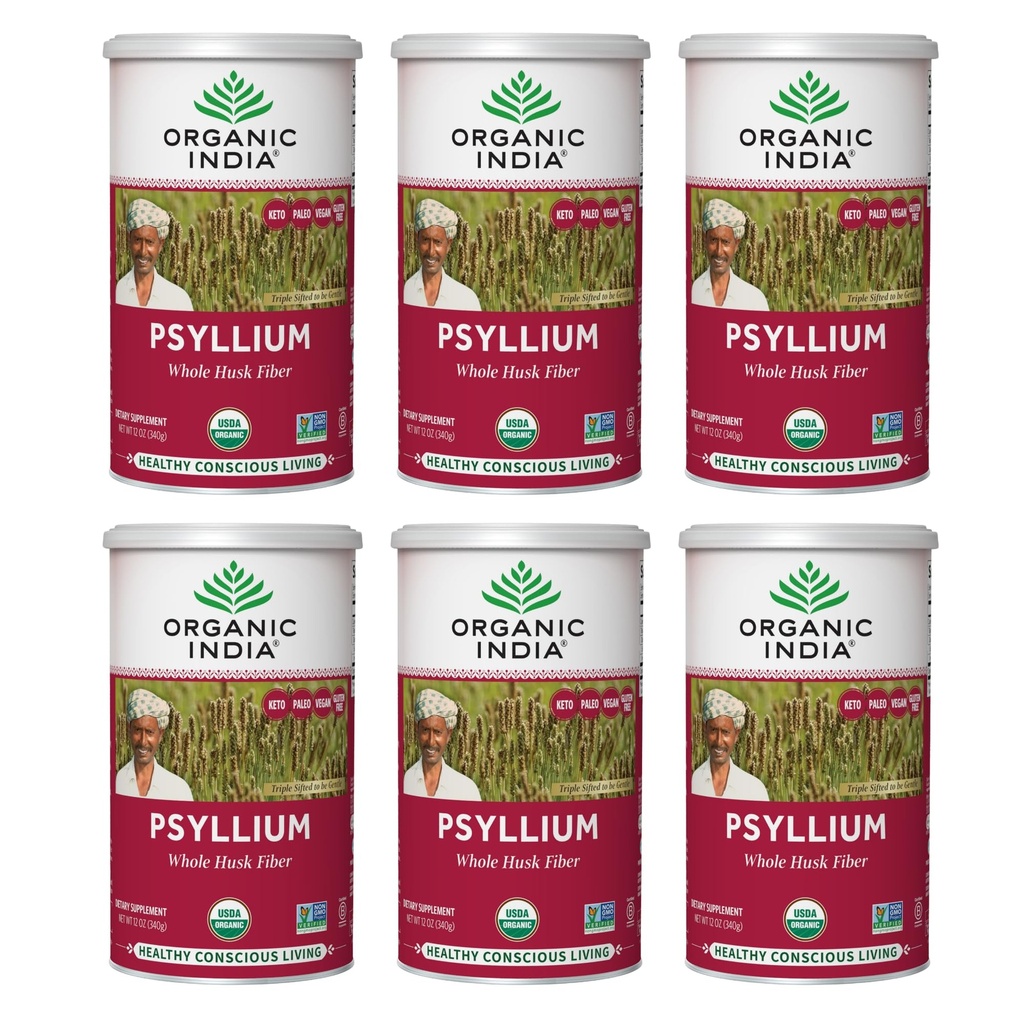 OrganIC INDIA Whole Psyllium Husk אבקת אורגני - Psyllium Husk סיבים תוספת, תמיכה עיכול, טבעוני, Gluten-Free, non-GMO, Soluble & Insolublefi Source - 12 oz Canister, 6 Packion תמיכה, 6 Packion תמיכה, 6 Packion Support, Gluten-Free, non-GMO, Soluble & Insolublefi Source