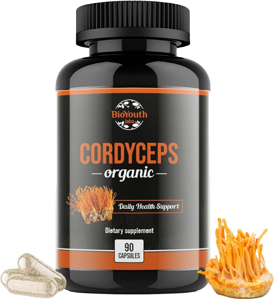 תוספי תזונה אורגניים - אנרגיה טבעית Boost ו- Respiratory Health Support with Cordyceps Milita, Clinically Backed, Non-GMO & Allergen-Free | 90 קפסולות