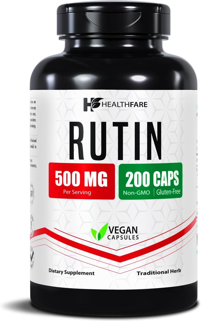 Healthfare Rutin תוספת של 500 מ"ג | 200 קפסולות טבעוניות | Natural Bioflavonoid Formula | תוספת כוח נגד חמצון | Non-GMO, Gluten-Free | Made in USA