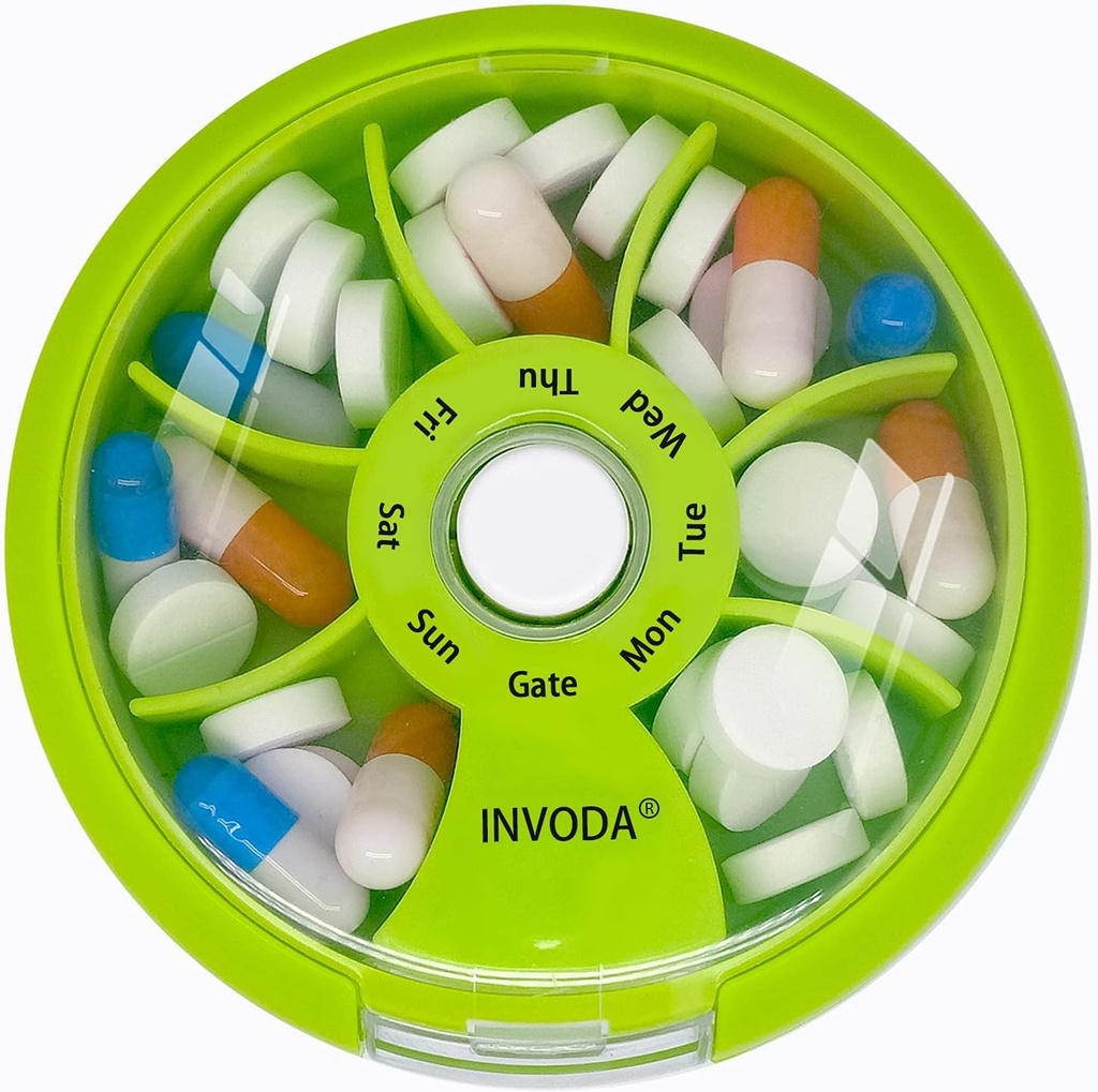 INVODA Weekly Pill Organizer 7 Compartment Rotating Pill Box for Daily Medication & Vitamins - Portable Travel Pill Case Fish Oil Supplements Vitamins Organizer (Orange)