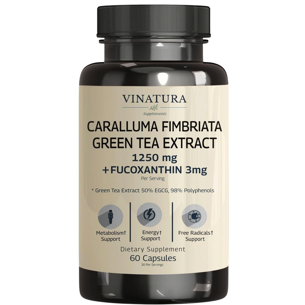 VINATURA Caralluma Fimbriata, EGCG 45% לחלץ 1250 מ"ג + Fucoxanthin 3 מ"ג עבור שירות *USA Made & Tested * עבור תמיכה חיסונית, אנרגיה והתמקדות נפשית - 60 קפסולות 30 לשרת