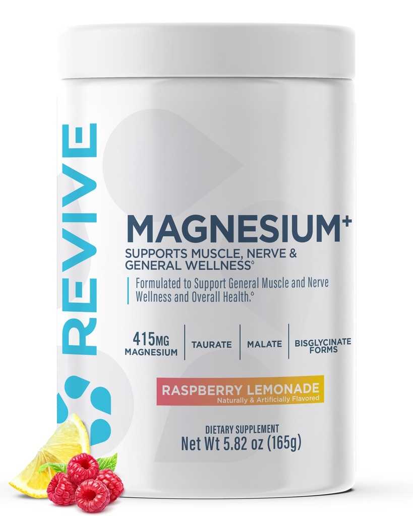Revive MD Magnesium Powder Supplement - Magnesium Carbonate & Taurate Powder Drink Supports Healthy Bones, Muscles, & Nerves - Vegan-Friendly, Gluten-Free & Soy-Free (Raspberry Lemonade, 30 Servings)