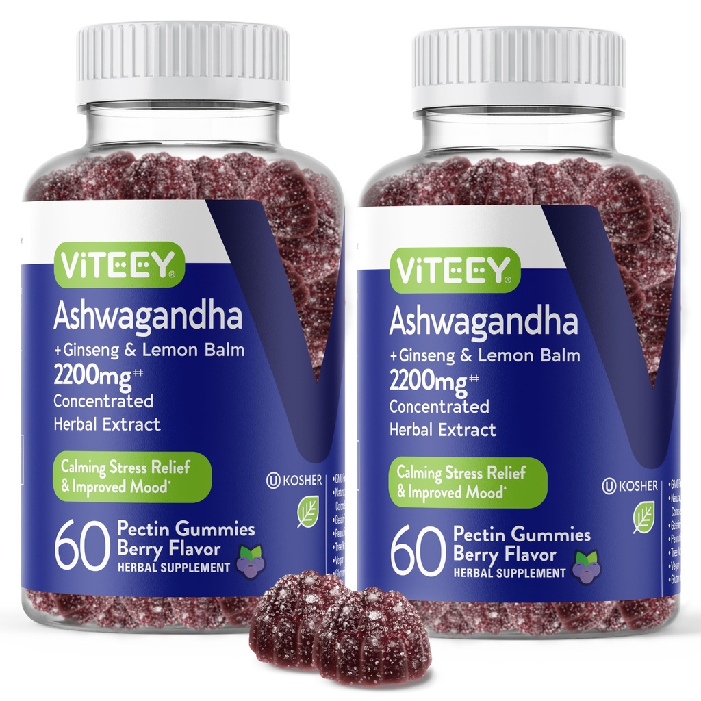 Viteey Ashwagandha Gummies עם ג'ינסנג ולימון Balm - Mood, Calm & Stress Support Ashwagandha תוספי - טבעוני, Gluten-Free - 120 Count Count