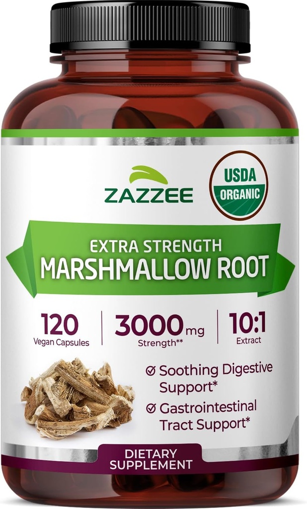 Zazzee USDA אורגני Marshmallow Root 10:1 לחלץ, 3000 מ"ג כוח, 120 קפסולות טבעוניות, 4 חודשים אספקה, סטנדרטית, סטנדרטית 10X לחלץ, 100% Vegetarian, All-Natural, non-GMO, המיוצר בארה"ב.