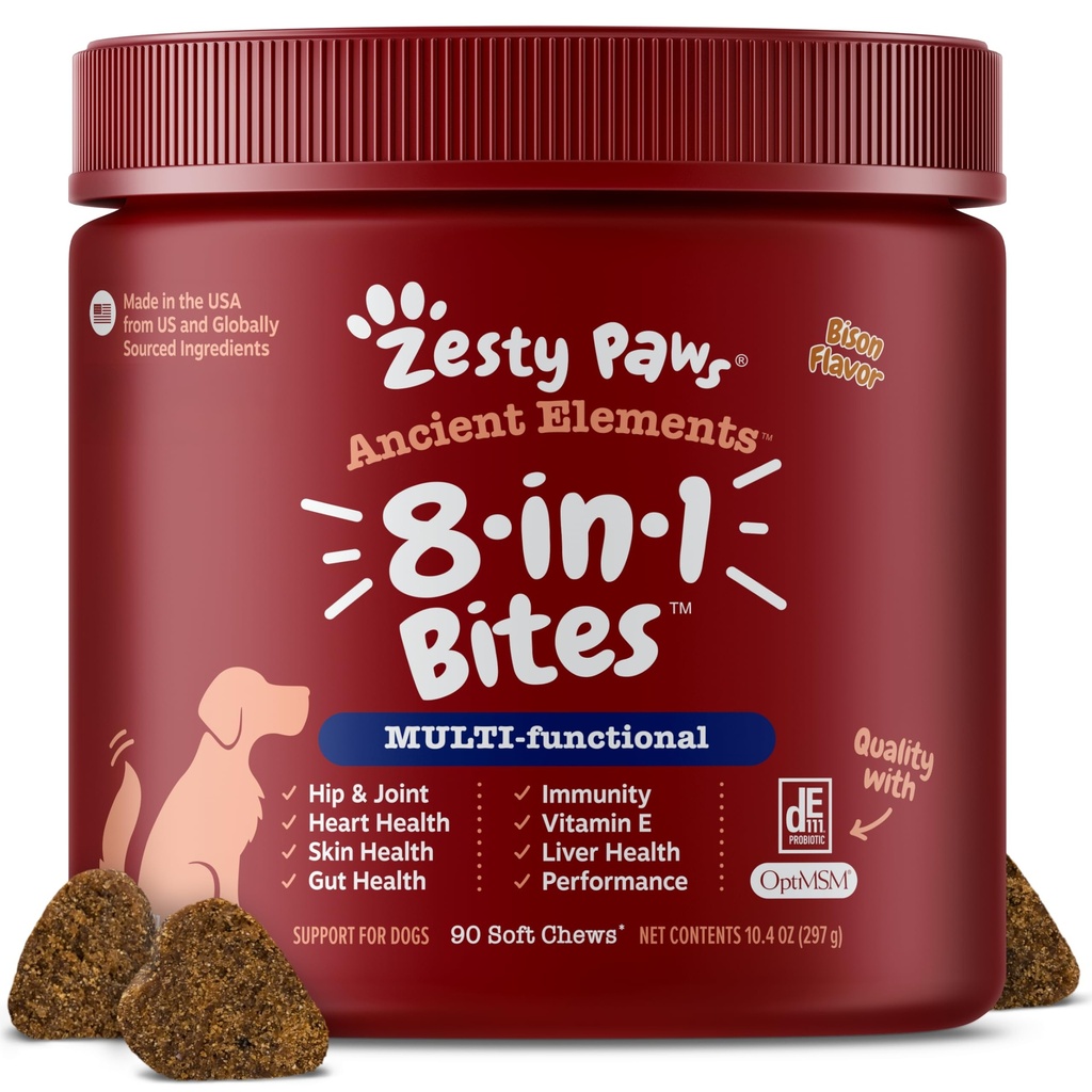 Zesty Paws כלב Multivitamin, Chewable dog ויטמינים ותוספים עבור Hip & Joints, Skin & Coat, אומגה 3 שמן דגים עבור כלבים מבוגרים Puppy Multivitamin - Bison-ct 90ct