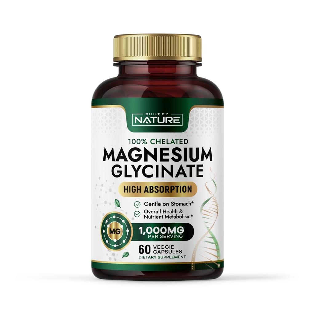 נבנה על ידי הטבע Magnesium Glycinate 1000 מ"ג - תוספת גבוהה Absorption Magnesium - 100% Chelated, Gentle על Stomach - שריר, לב, העצם & מרגיע תמיכה - non-GMO, טבעוני - 60 קפסולות