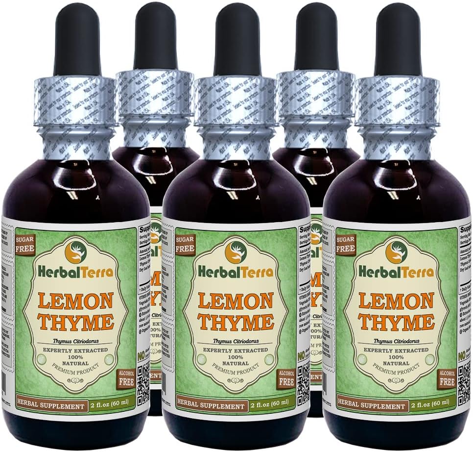 לימון Thyme (Thymus x Citriodorus) Glycerite, אורגני Dried Herb אלכוהול-Free Liquid Extract Extract (Brand Name: HerbalTerra, Made in USA) 5x2 fl.oz (560 מ"ל)