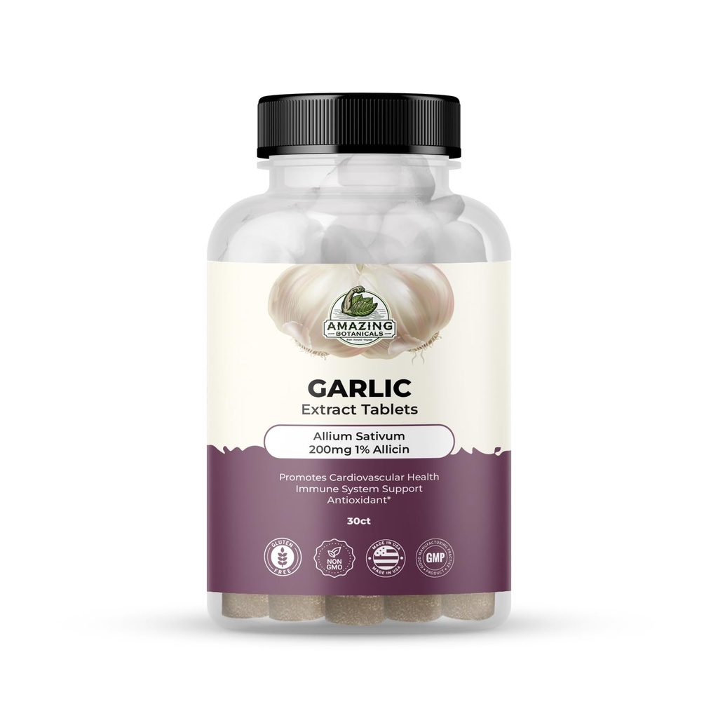 בוטנים מדהימים Garlic Extract Tablets - Allium Sativum 200 מ"ג, 1% Allicin - High Potency Herbal תוסף עבור בריאות ו Vitality - 30 Count