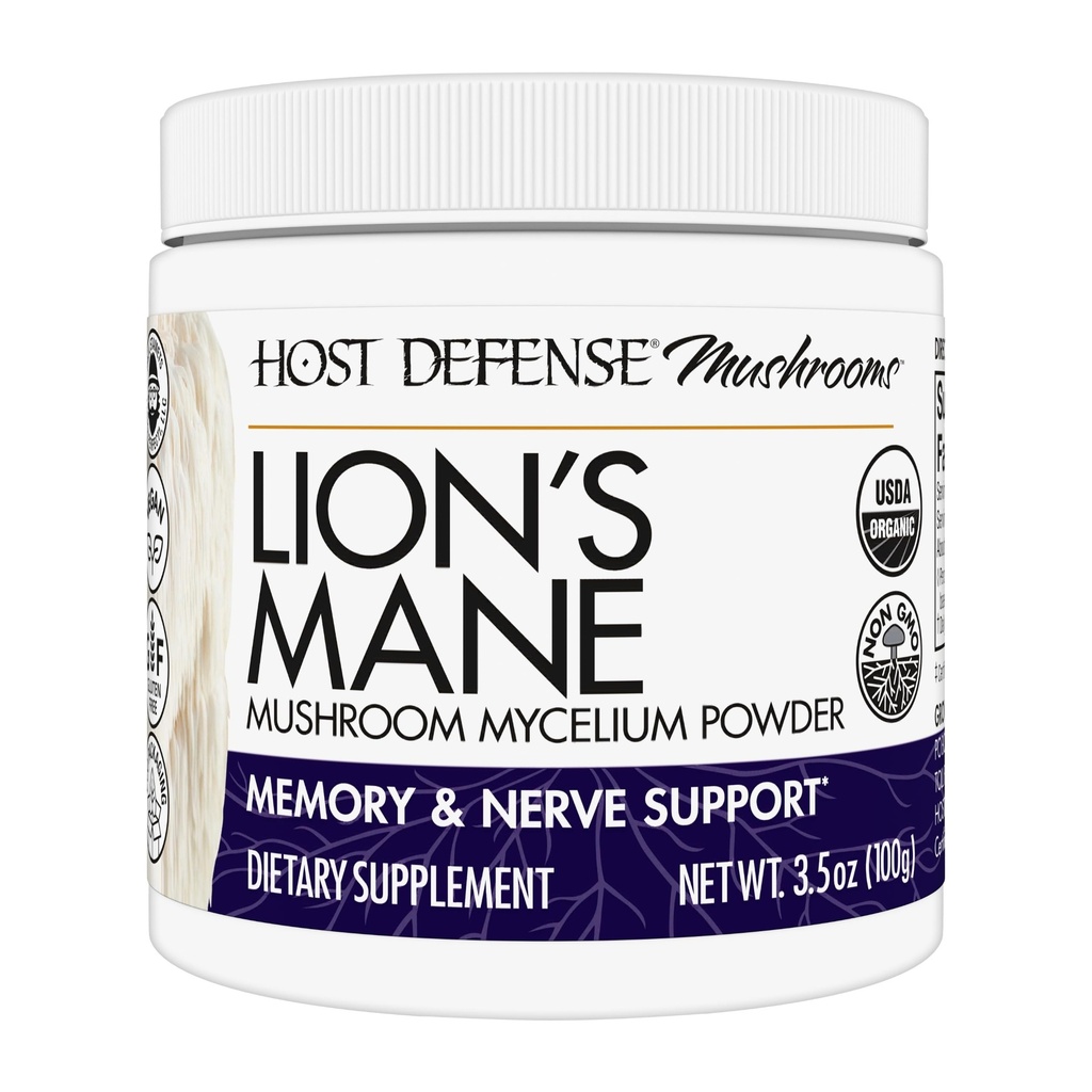 אבקת Mane של Host Defense Lion - תוספי תמיכה לבריאות המוח - תוסף Mushroom לתמיכה בתפקוד Focus & Memory - Immune & Nervous System Support - 3.5 oz (66 משרתים)