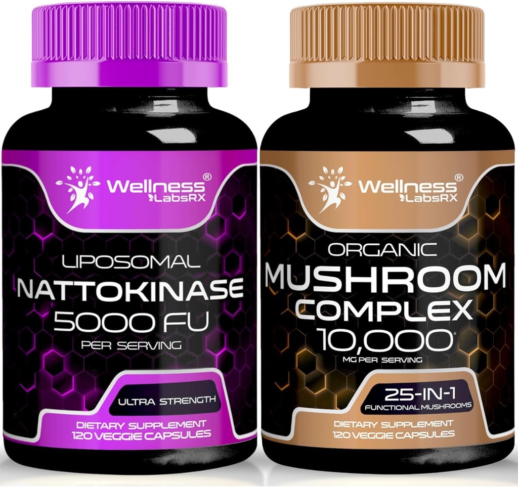 Actokinase תוספי קפסולות - 5000 FU - Enzymes from Pure Japanese Natto Extract; אורגני Mushroom תוספת קפסולות - 10000 מ"ג - 25 ב 1 Mushroom Complex כמוסות