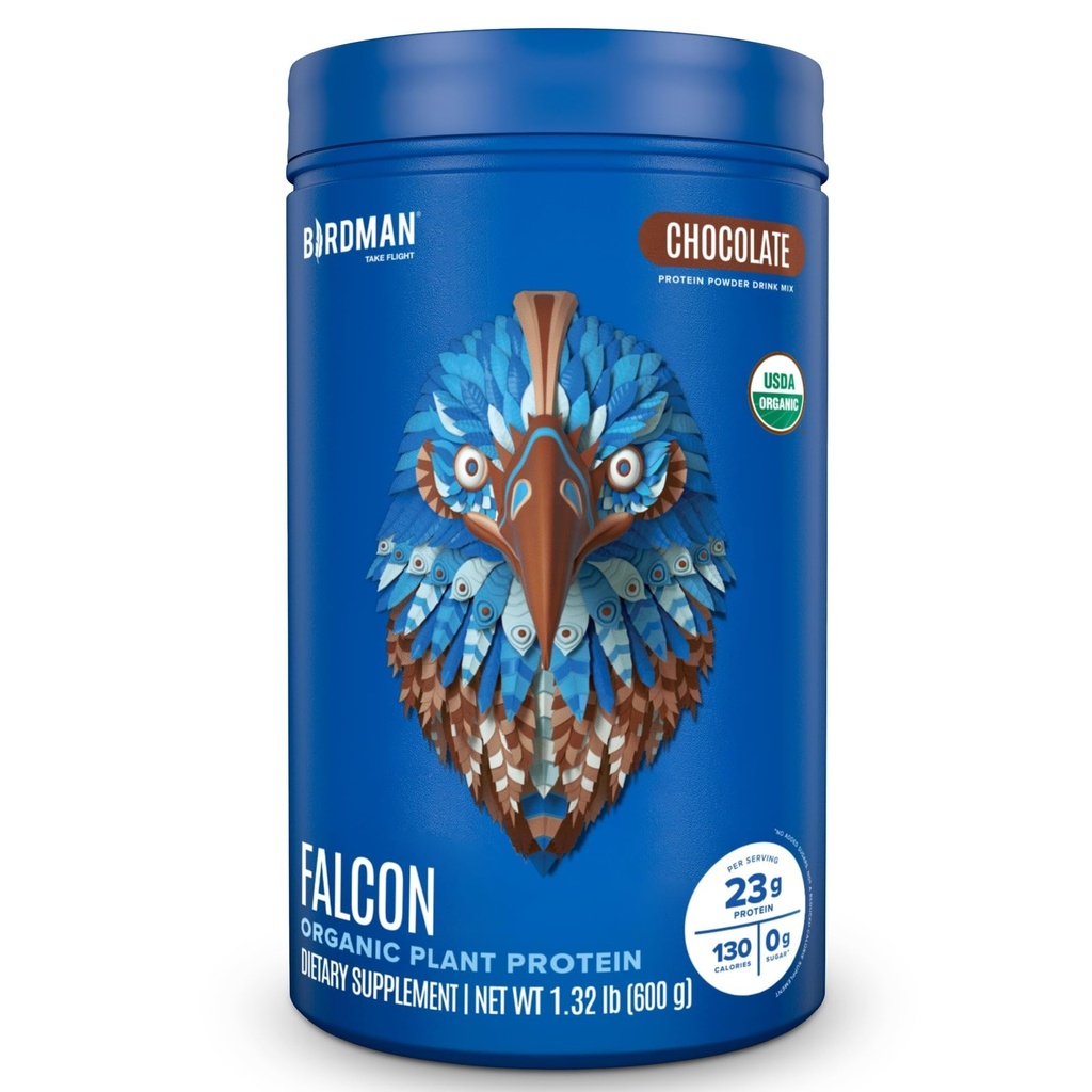 ה-BIRDMAN פלקון אבקת חלבון טבעונית אורגנית, Stevia & Sugar חינם, חלבון מבוסס צמחי, נמוך פחמימות, חלב חינם, Keto, non Whey חלבונים, פרוביוטיקה, פי חלבונים | שוקולד פלאמור - 18 משרתות - 1.32lb