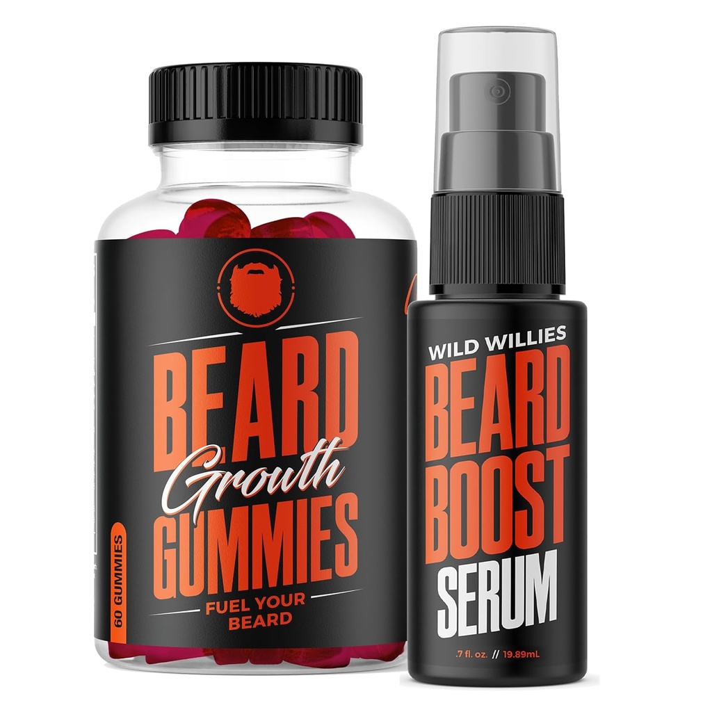 וויליס Wild Beard Growth Double Threat: Beard Growth Gummies ו- Serum Kit for Men - ביוטין, Caffeine & Essential Growth Oil for Fuller, Thicker Surface Hair - Beard Violets & Enhance Beard growth