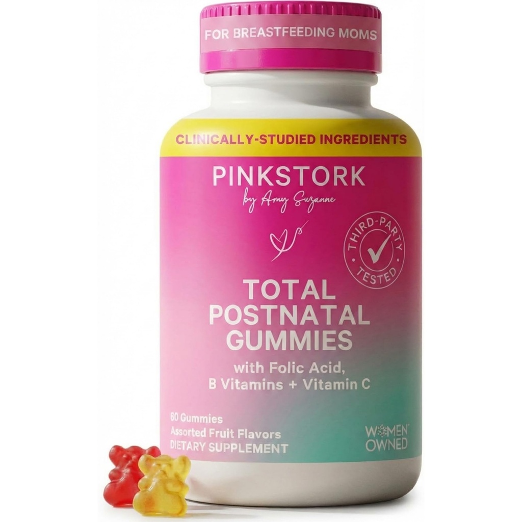 Pink Stork Total Postnatal ויטמינים - Multivitamin for Postpartum Recovery and Lactation Support - Folic Acid, B6, & C - Postpartum Essentials - 60 חניכיים ויטמינים