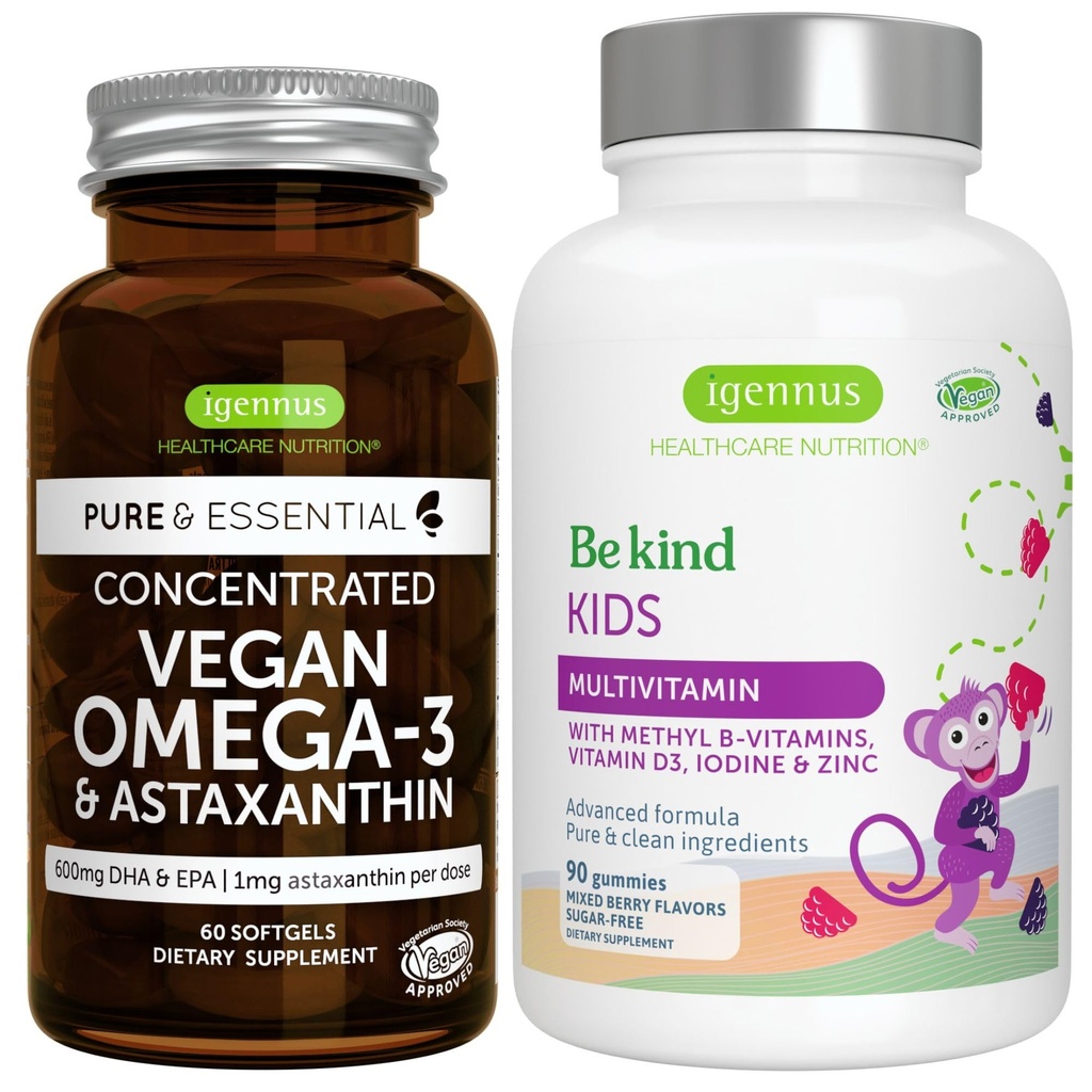 אומגה 3 Algae שמן + Advanced Kids Multivitamin Gummy Bundle, ריכוז גבוה DHA & EPA + ויטמין A, B, C, D3 & E, חומרים נקיים 60 Softgels + 90 ברי פלפור מסטיקנים, על ידי Igennus