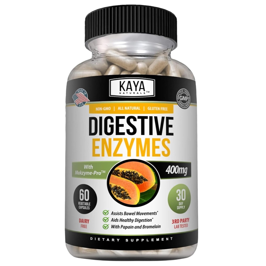 Kaya Naturals Digestive Enzymes with Prebiotics & Probiotics - Constipation & Bloating Relief - גלולות לניהול משקל עבור נשים וגברים -איידס Immune פונקציונלי - תמיכה תזונתית - 60 קפסולות Veggie