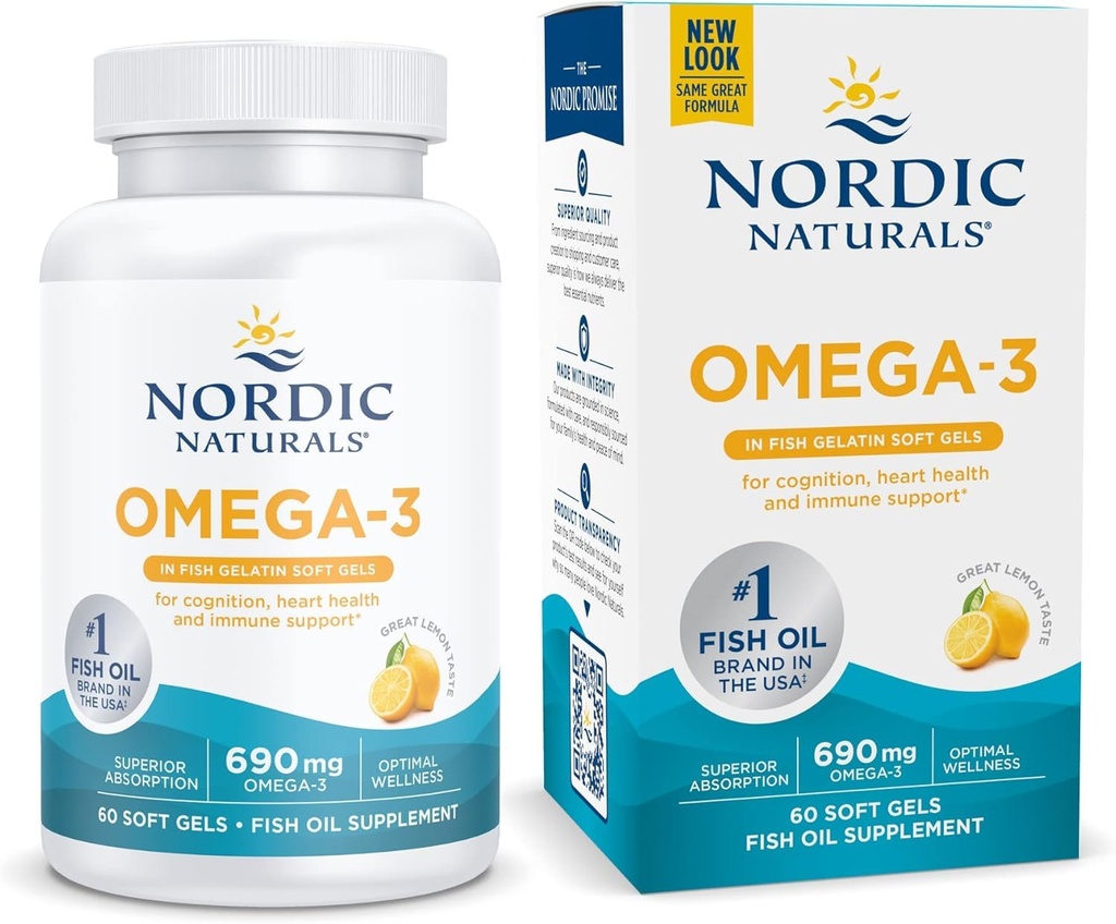 Nordic Naturals אומגה 3 ב Fish Gelatin, Lemon Flavor - 60 Fish Gels - 690 מ"ג אומגה 3 - שמן דגים - EPA & DHA - תמיכה חיסונית, המוח והבריאות הלב, Optimal Wellness - Non-GMO - 30 משרתים