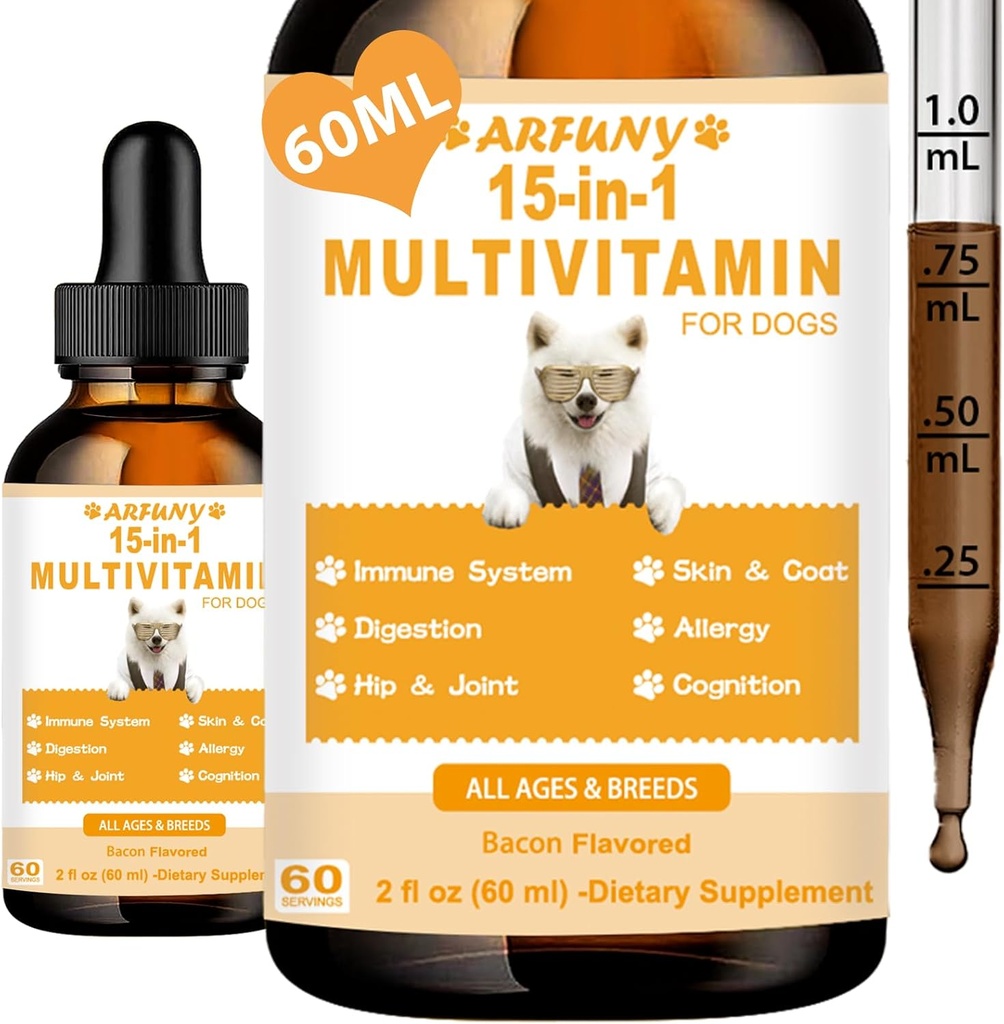 15 ב 1 Multivitamin לכלבים - כלב רב ויטמין תמיכה משותפת, Gut & Immune בריאות - Canine Digestion, Heart, Skin & Coat Health - תוספי ויטמינים עבור Puppy - בייקון פלמור