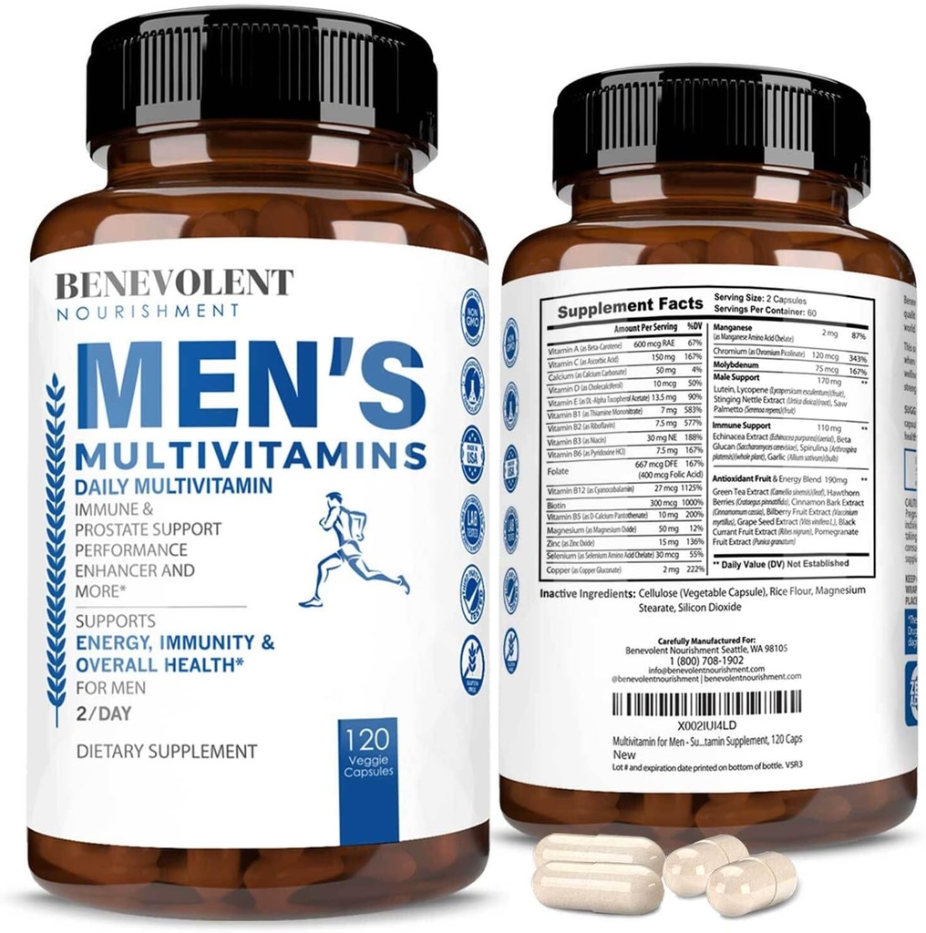 Benevolent Nourishment Multivitamin for Men - תומך אנרגיה ובריאות כוללת - ויטמינים עתיריים חיוניים לגברים, ביוטין, מגנזיום, Zinc & Antioxidant לבריאות החיסון - non-GMO, 120 Caps Caps Caps