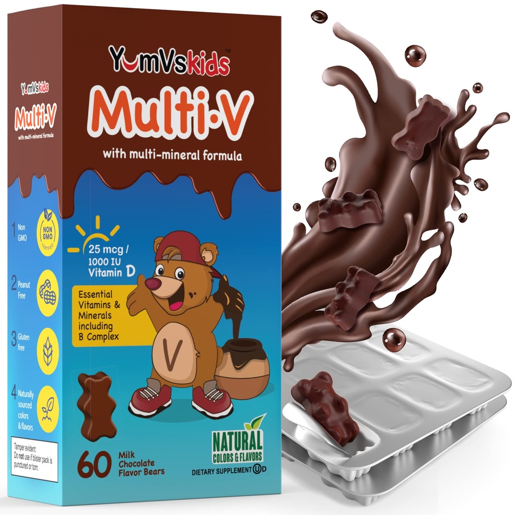 YUM-V'S - Kids Multivitamin Chewable Chocolate Bears - Multivitamin for Kids Supplement - 16 ויטמינים ומינרלים - ויטמינים כולל D, Zinc, C, B Complex & More, 60 Count Pack של 1