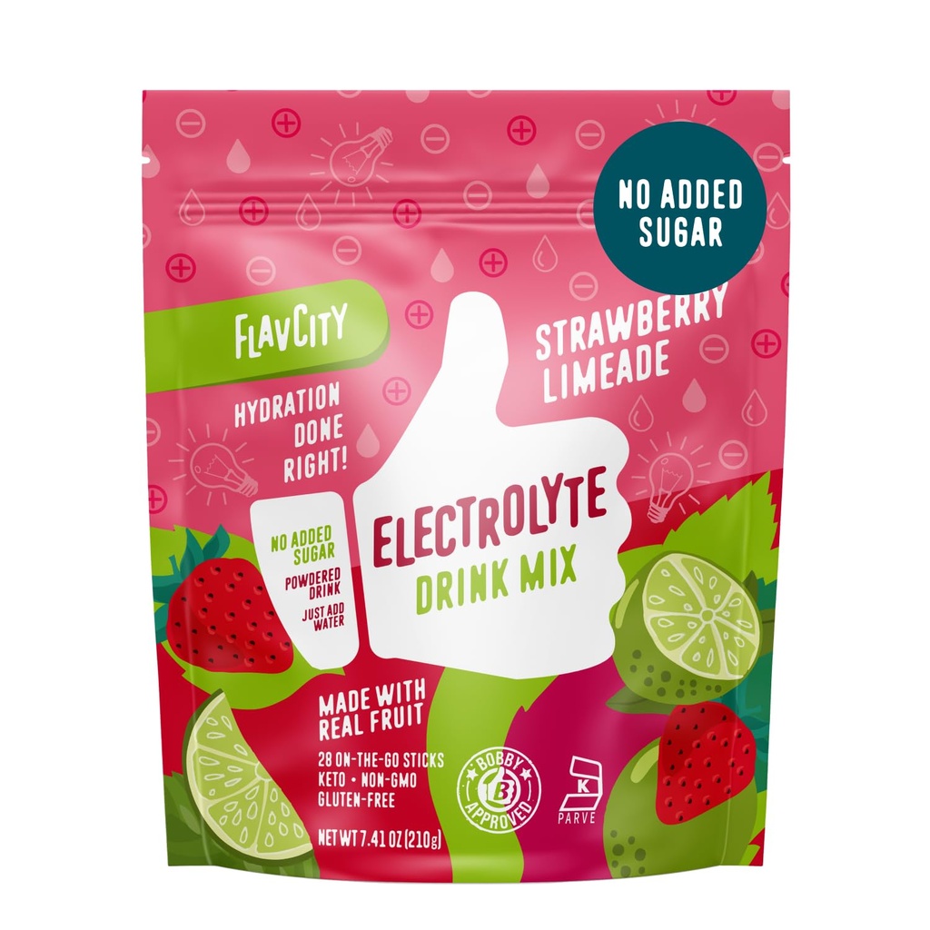 FlavCity Strawberry Limeade Electrolytes אבקת Packets - 28 hydrotion Packets - לא תוספת סוכר - אבקת הידרציה עם מלח ים אמיתי & Unrefined Sea - Keto & Gluten-Free (28 Stick Packs)