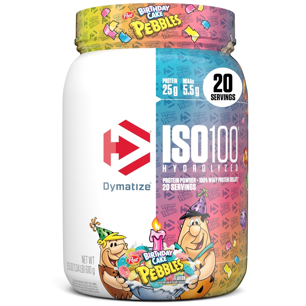 Dimatize עוגות יום הולדת x Pebbles ISO100 אבקת חלבון Whey חלבון Isolate, 25g של חלבון, 5.5g BCAAs, 120 קליפורניה, Gluten Free, 1g שומן, 1g סוכר, 2g Carb (20 משרתות)