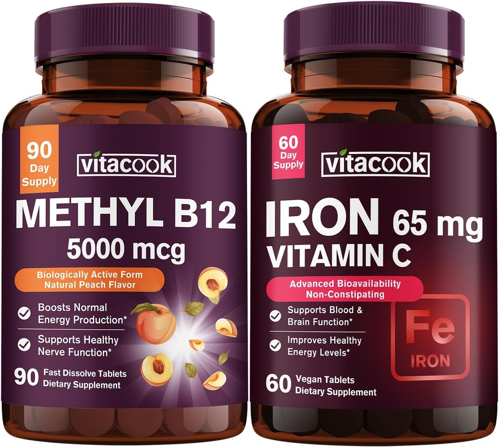 ברזל ווויטמין B12 Bundle, 5000 mcg B12, Zero Sugar, Carbonyl Iron עם ויטמין C, Gentle על Stomach